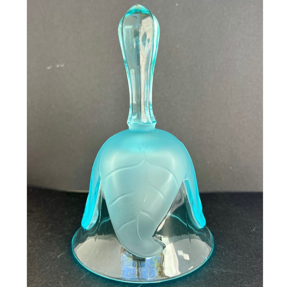 Vintage Viking Glass Aqua Bell Frosted Leaf Pattern Blue Art Glass 5.75"